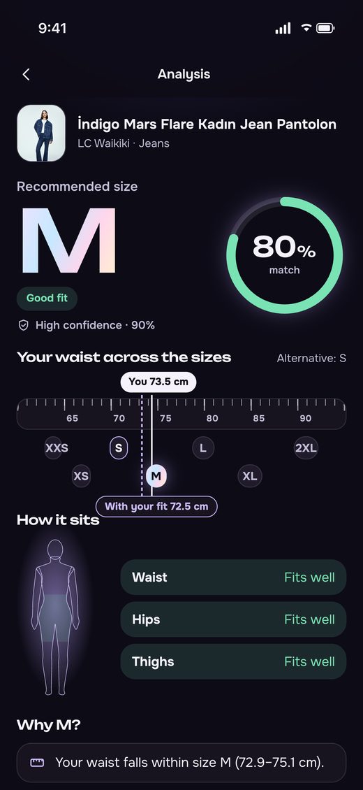 A screen of the Sizemira app