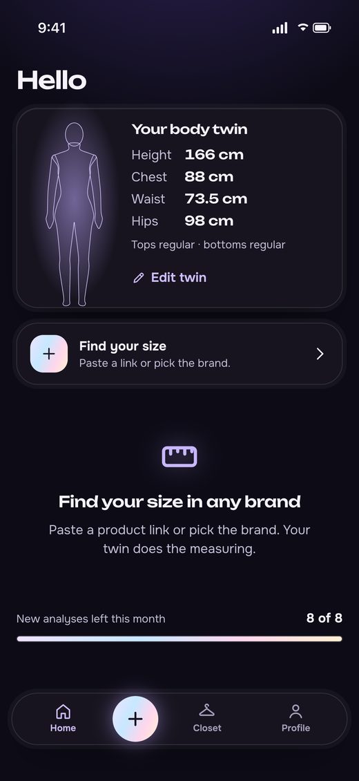 A screen of the Sizemira app